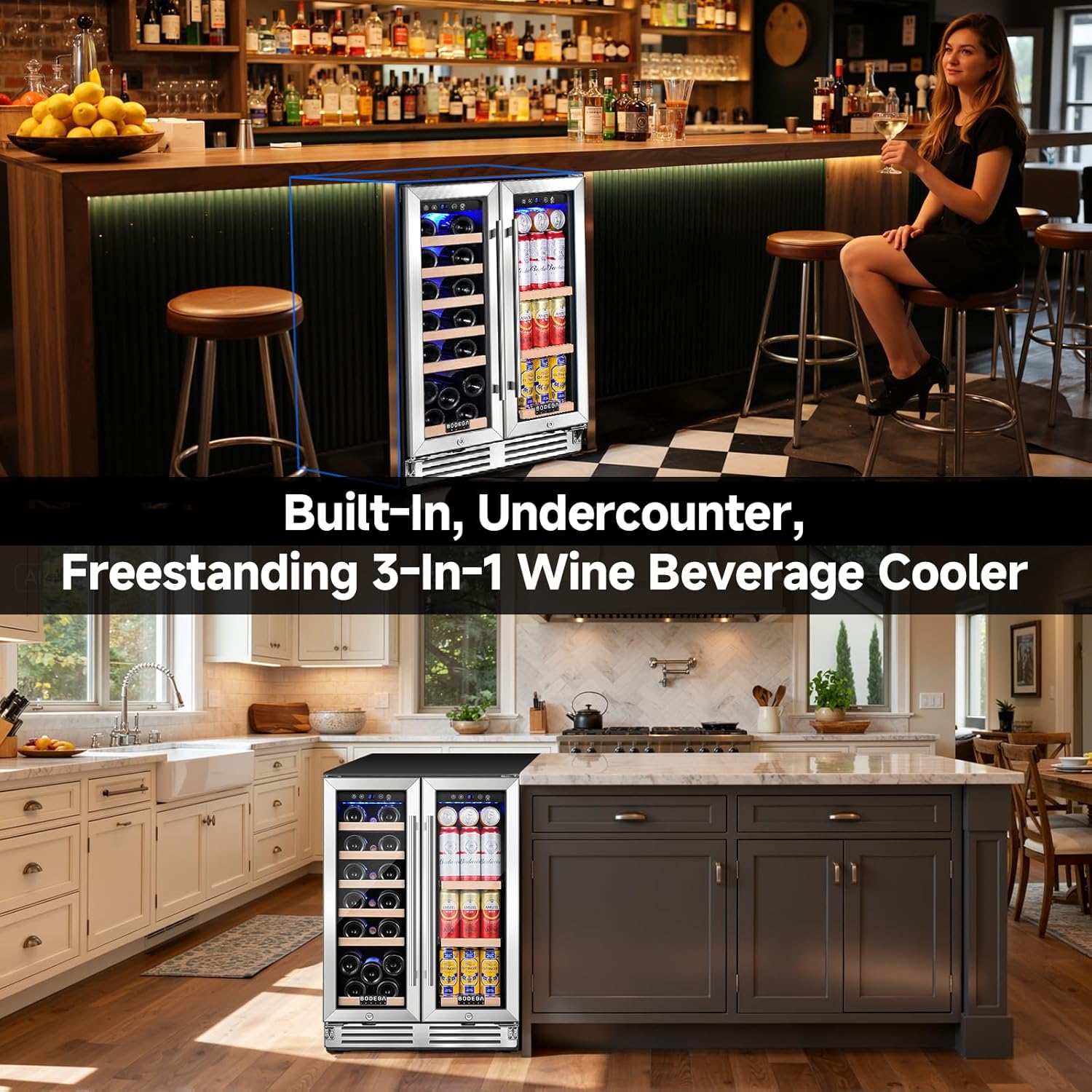 BODEGA 24 Inch Beverage and Wine Refrigerator, Dual Zone Wine Cooler Under Counter, with Independent Temperature Control and Upgraded Compressor, Holds 57 Cans and 19 Bottles