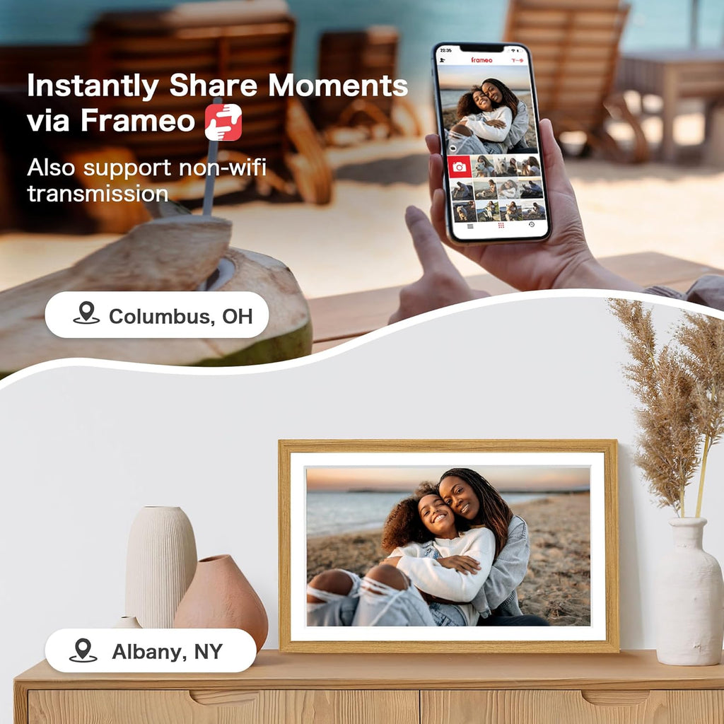 Digital Picture Frame, Frameo 15.6 Inch Large Digital Photo Frame WiFi, 1920 * 1080 IPS FHD Touchscreen, 32GB, Tabletop&Wall-Mounted, Share Video Picture, Electric Frame, Mom Gifts, Natural Woodgrain