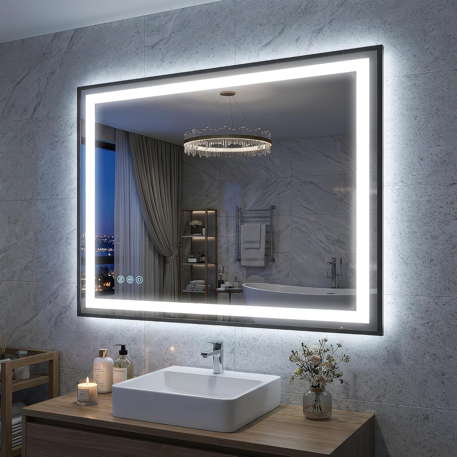 Antok 40X32 LED Bathroom Mirror with Lights, Vanity Mirror for Wall with Black Frame, Touch Control, Anti-Fog, Dimmable Lights, Shatter-Proof, Memory Function, Wall-Mounted Vanity Mirrors