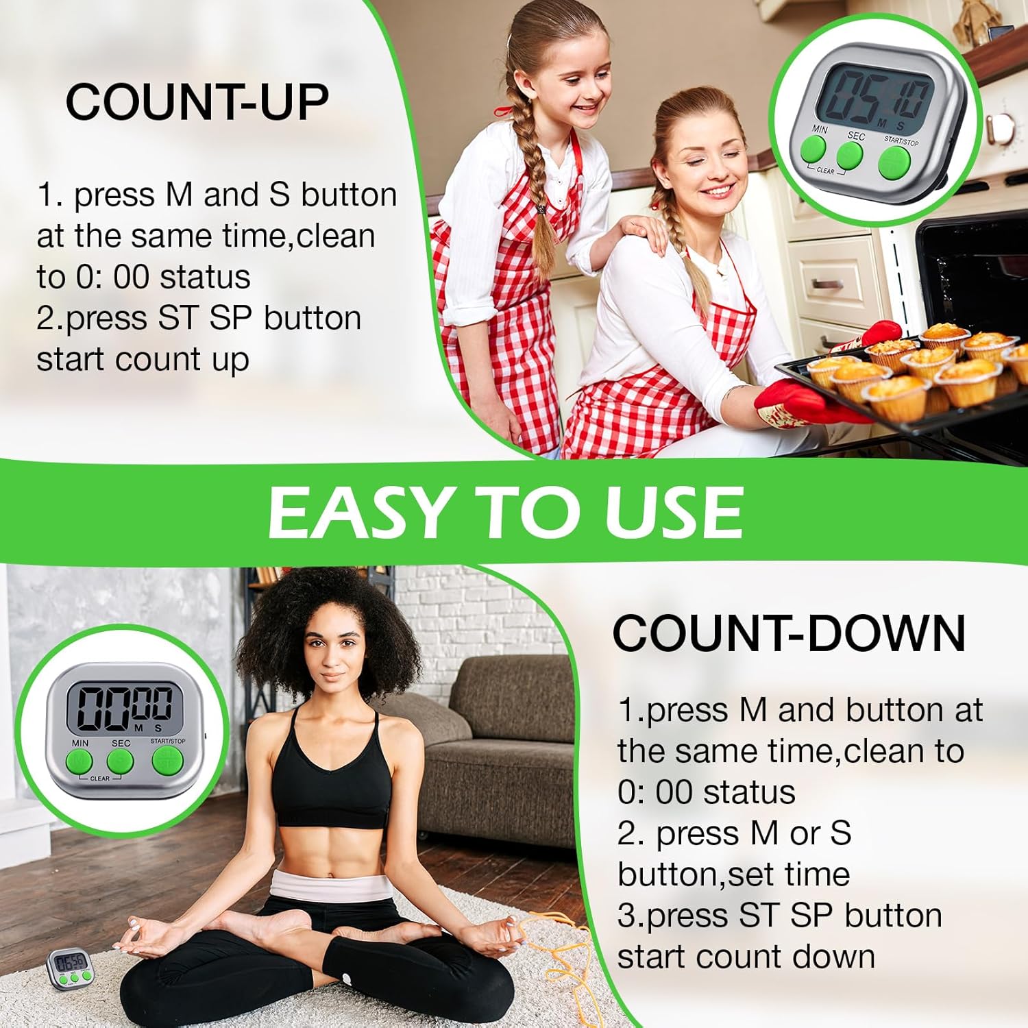 Leumoi 24 Pcs Digital Kitchen Timers Magnetic Back Timers Bulk Large Screen Loud Alarm On/Off Switch Minute Second Count up Countdown Memory Setting for Cooking Classroom Exercise (Sliver and Green)