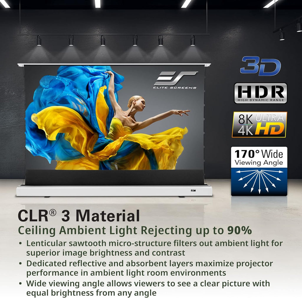 Elite Screens Kestrel Tab-Tension 2 CLR3, 101" 16:9, Ultra-Short Throw Ceiling Ambient Light Rejecting (CLR/ALR) Electric Floor-Rising Motorized Front Projector Screen,White Casing, FTE101XH3-CLR3