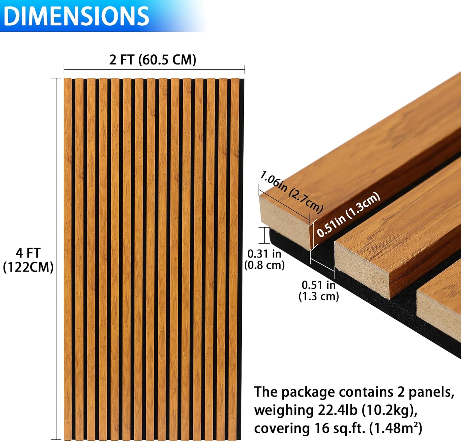 3D Slat Acoustic Wall Panels with Wood Finish Accent, 2 Pack Sound Absorbing Paneling for Studio, Office, Living Room, Bedroom Interior Decor (Natural Walnut, 48''L x 24''W)