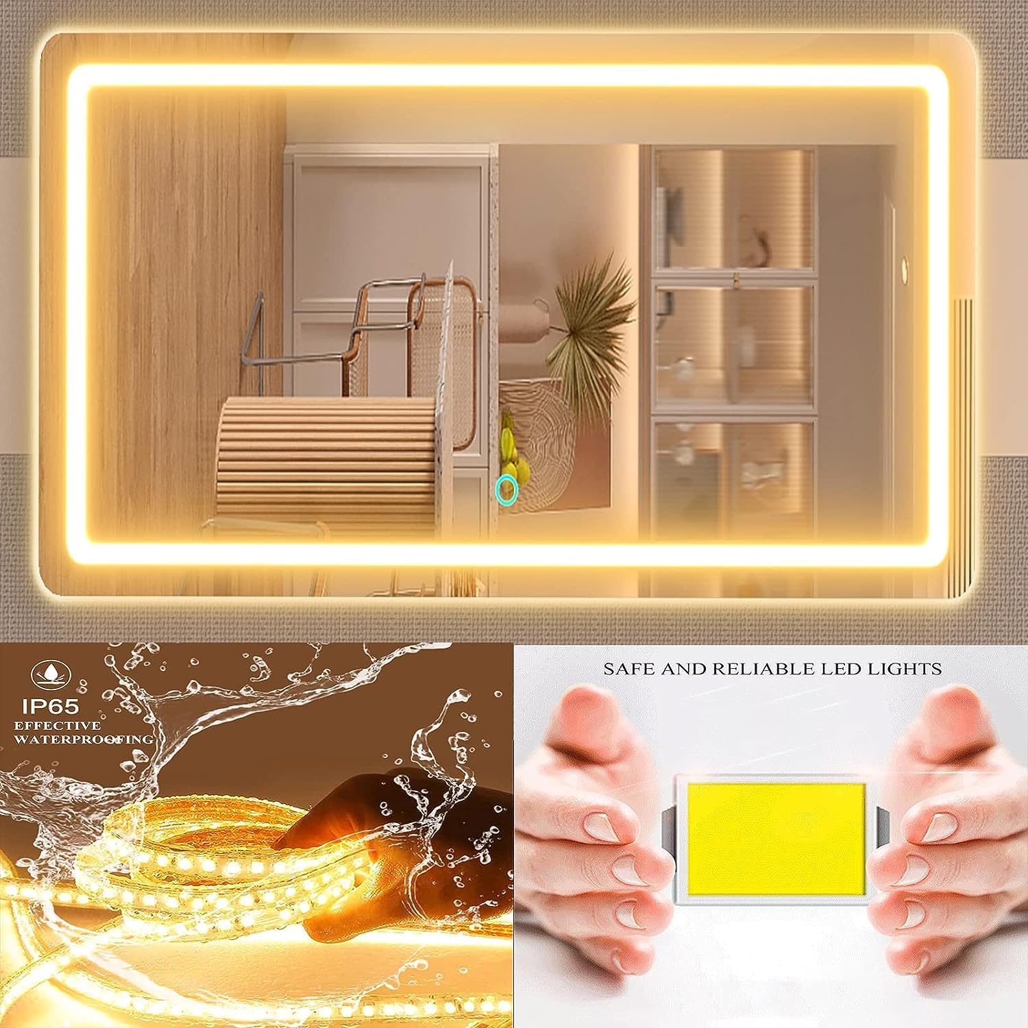 Makeup Vanity Mirror with USB Charging Port 24" x 19" Large LED Makeup Mirror, Desk Mirorr with Lights, Light up Mirror with 10X Magnification and, Dimmable 3 Modes, Touch Control Gold