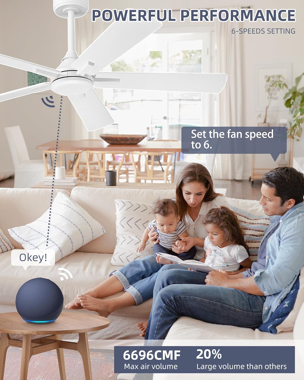 YOUKAIN Ceiling Fan No Light, 52 Inch White Ceiling Fans, Smart Ceiling Fans with Remote & APP Control, Reversible Blades, Cover Outdoor Ceiling Fan for Living room, Bedroom, 52-YJ812-WH-NL