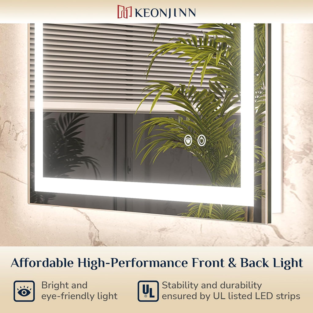 Keonjinn 24x32 Inch LED Bathroom Mirror with Light, Frontlit & Backlit, Lighted Mirrors for Bathroom Wall with Dimmable 3-Color Lights, Anti-fog Vanity Mirror with Tempered Glass, UL-Listed LED Driver