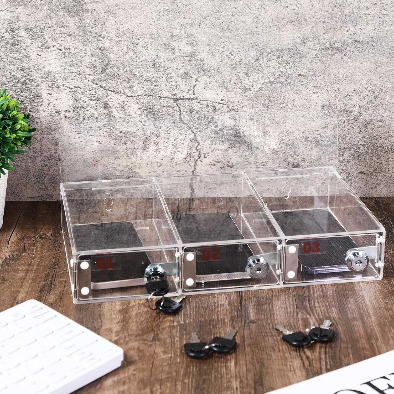 Threan 3 Slot Cell Phone Storage Box, Clear Cell Phone Storage Cabinet Wall Mounted, Including Door Locks and Keys for Office School Factory Classroom Students Staff