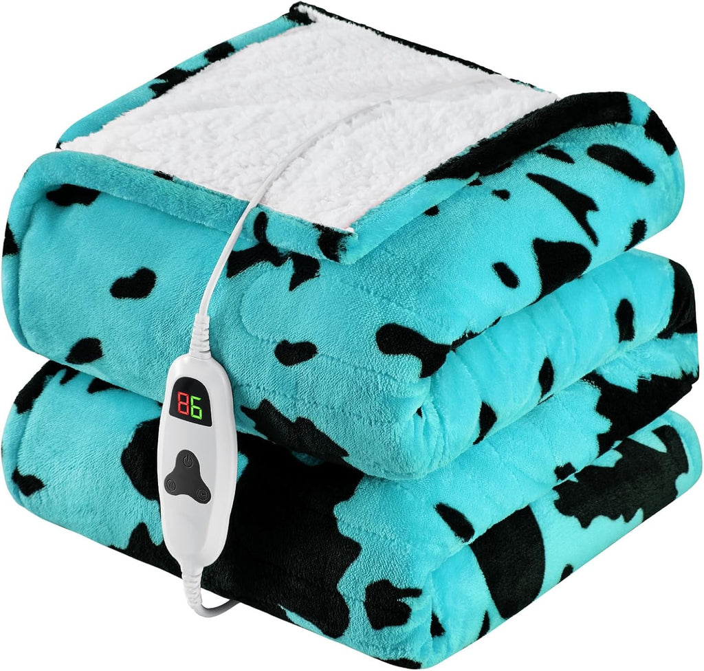 Cow Print Heated Electric Blanket Twin Size,62X84 Green Heating Blanket with 10 Heats Levels & 8 Hours Auto Off,Highland Cow Fleece Sherpa Blankets Warmer Gifts for Women Adults Couch,Washable