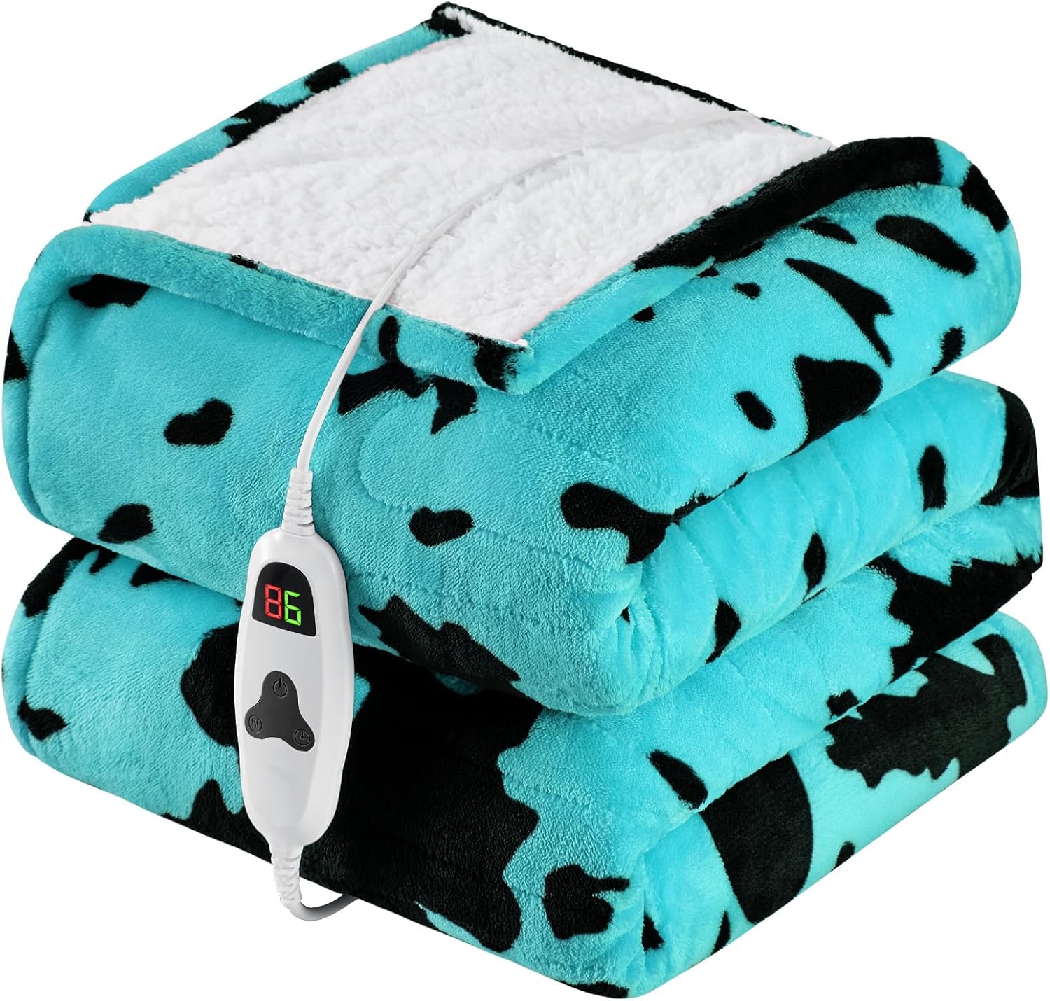 Cow Print Heated Electric Blanket Twin Size,62X84 Green Heating Blanket with 10 Heats Levels & 8 Hours Auto Off,Highland Cow Fleece Sherpa Blankets Warmer Gifts for Women Adults Couch,Washable