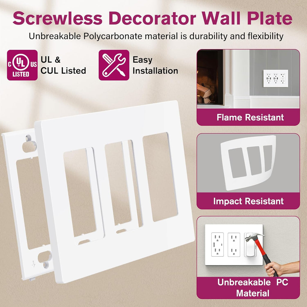 EMITEVER 3-Gang Screwless Decorator Wall Plate Cover for Receptacle Outlet & Light Switch, Standard Size 4.53"H x 6.38"W, Unbreakable Thermoplastic Faceplate, UL Listed, Matte White 5-Pack