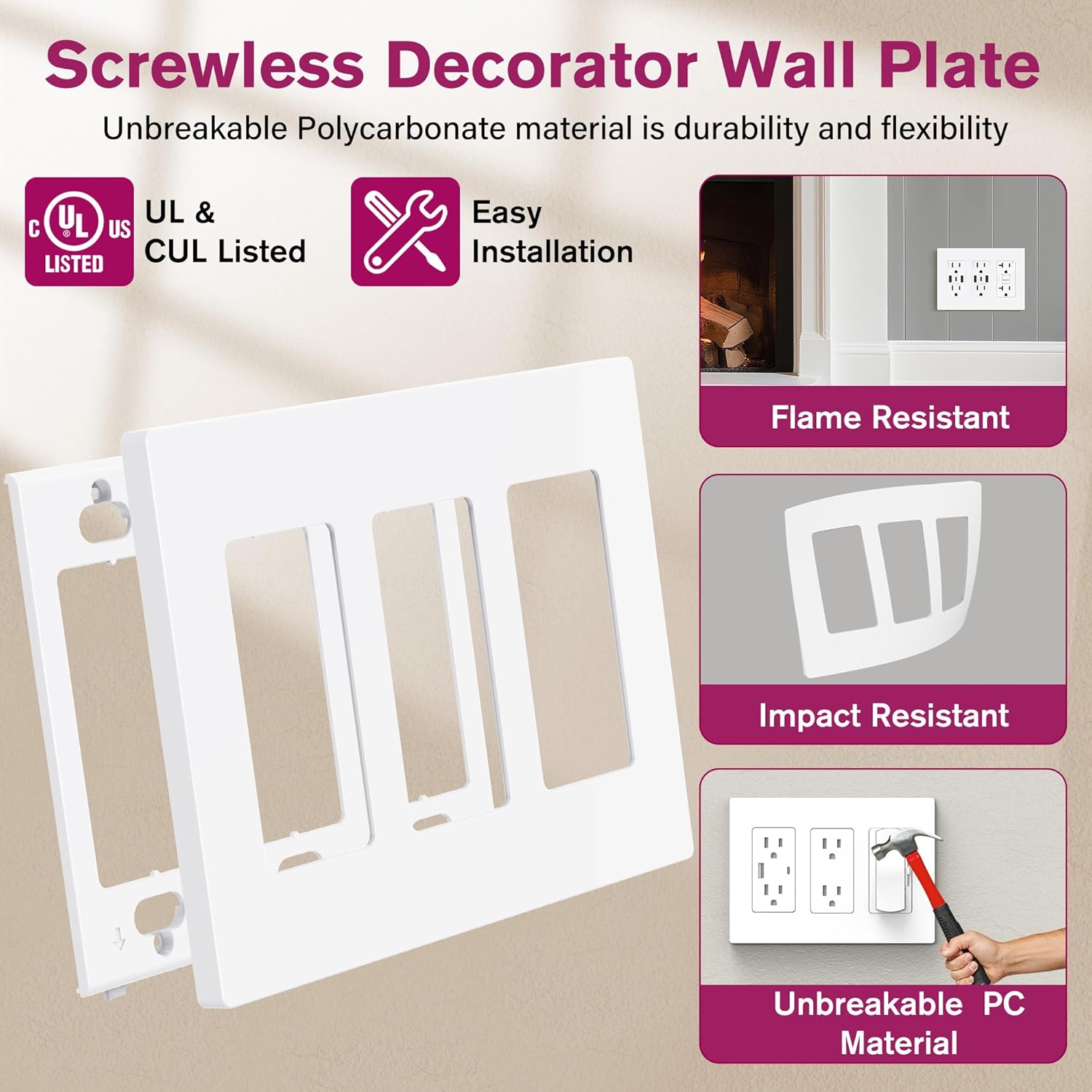 EMITEVER 3-Gang Screwless Decorator Wall Plate Cover for Receptacle Outlet & Light Switch, Standard Size 4.53"H x 6.38"W, Unbreakable Thermoplastic Faceplate, UL Listed, Matte White 1-Pack