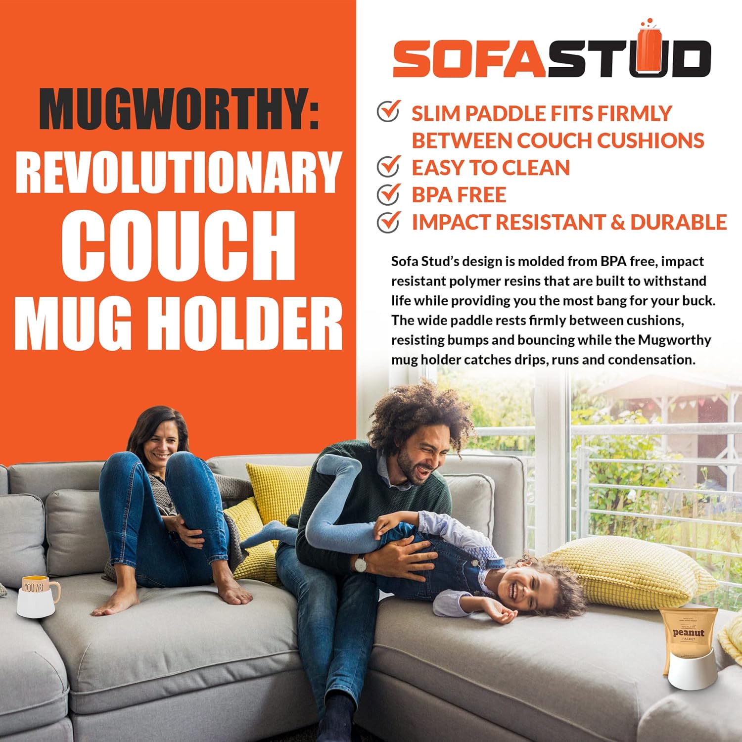 Mugworthy Couch Mug & Cup Holder - Spill Proof, Convenient, Versatile Drink Coaster Molded from BPA Free, Impact Resistant, Durable Plastic that Fits Coffee Mugs, Large Cups, Bottles & More