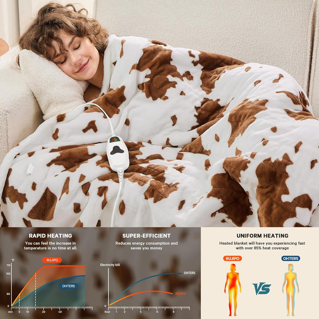 Cow Print Heated Electric Blanket Twin Size,62X84 Brown Heating Blanket with 10 Heats Levels & 8 Hours Auto Off,Highland Cow Fleece Sherpa Blankets Warmer Gifts for Women Adults Couch,Washable