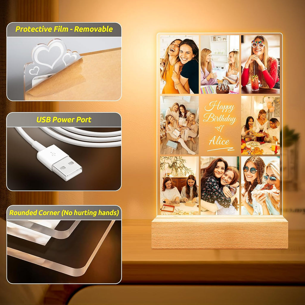 Custom Picture Frames with Photos, Personalized Photo Frame with Night Light, Customized Picture Frame, Personalized Birthday Gifts for Women Men Her Him Best Friends Wife Mom Dad Family Kid Baby