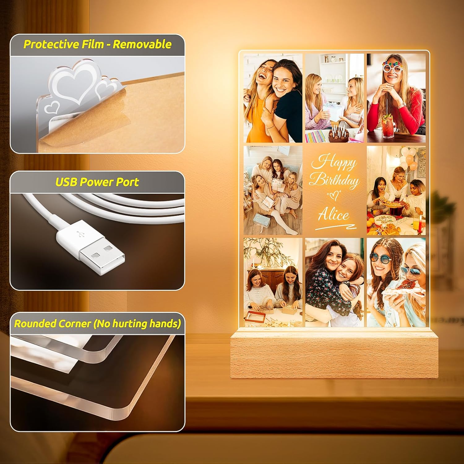 Custom Picture Frames with Photos, Personalized Photo Frame with Night Light, Customized Picture Frame, Personalized Birthday Gifts for Women Men Her Him Best Friends Wife Mom Dad Family Kid Baby