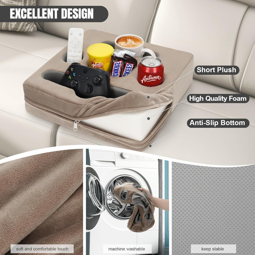 STBoo Couch Cup Holder Pillow Tray - Sofa Drink Cup Holder Cozy Buddy | Bed Caddy Organizer for Remote, Snacks Beverage, Phones, Tablet | Use it on Car, Pack, Beach, RV, Boat, Bedroom (Light Brown)