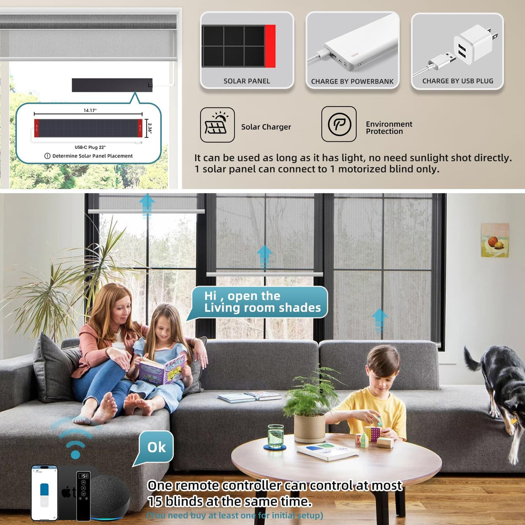 SmartWings Motorized Light Filtering Shades, 50% Blackout PVC Free Smart Blinds, Custom Size, Rechargeable Battery, Works with Matter/Apple HomeKit, Alexa, Thread/Zigbee, Remote Optional, 50% Charcoal