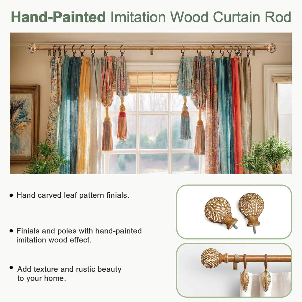 Imitation Wood Grain Ball Curtain Rods for Windows 48 to 84 Inch,1 Inch Heavy Duty Adjustable Wood Curtain Rod,Boho Decorative Drapery Rods Set with Brackets,Size:18''-88''