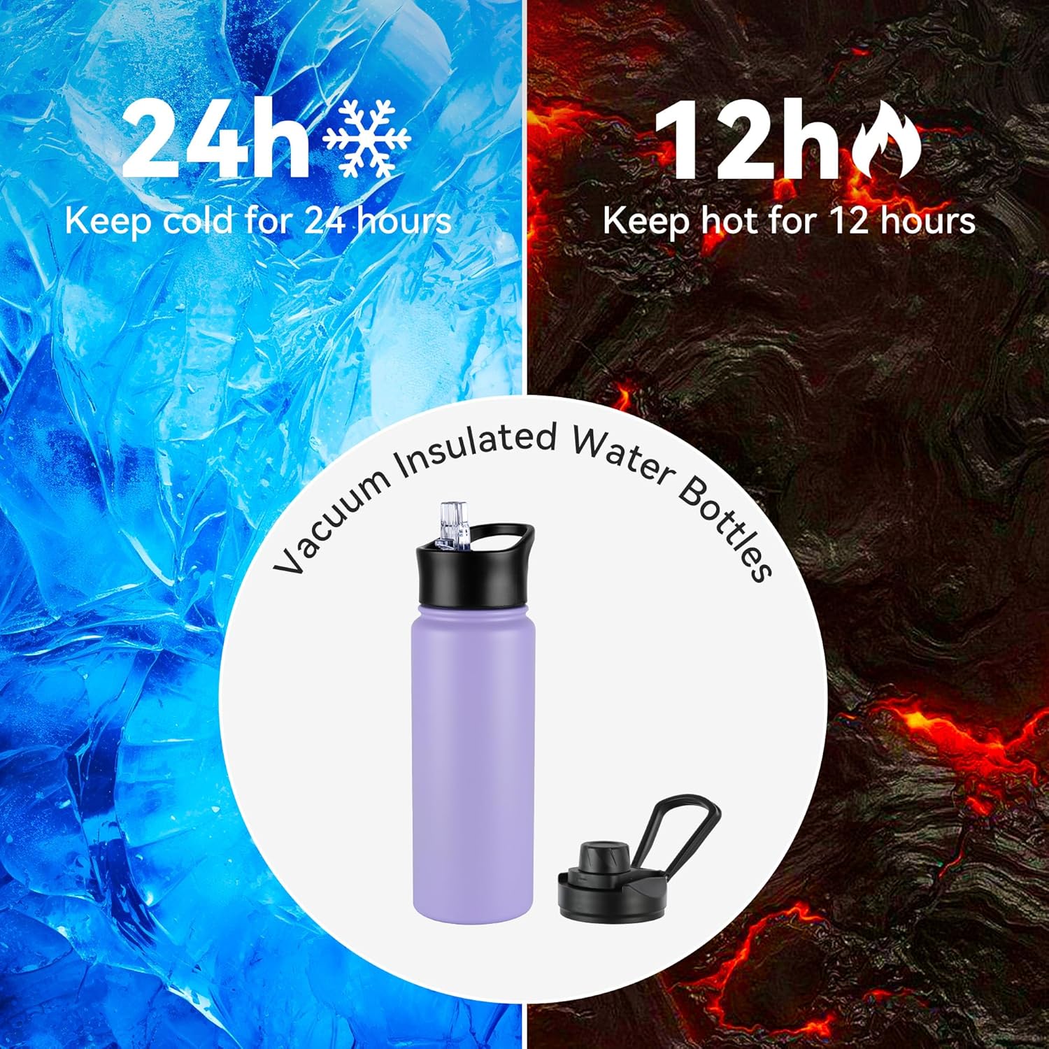 24oz Insulated Water Bottle with Straw Lid, Stainless Steel Metal Water Bottle with Straw & Wide Mouth Lid, Double Wall Vacuum Water Bottle for Hiking Camping, Lavender 4 Pack