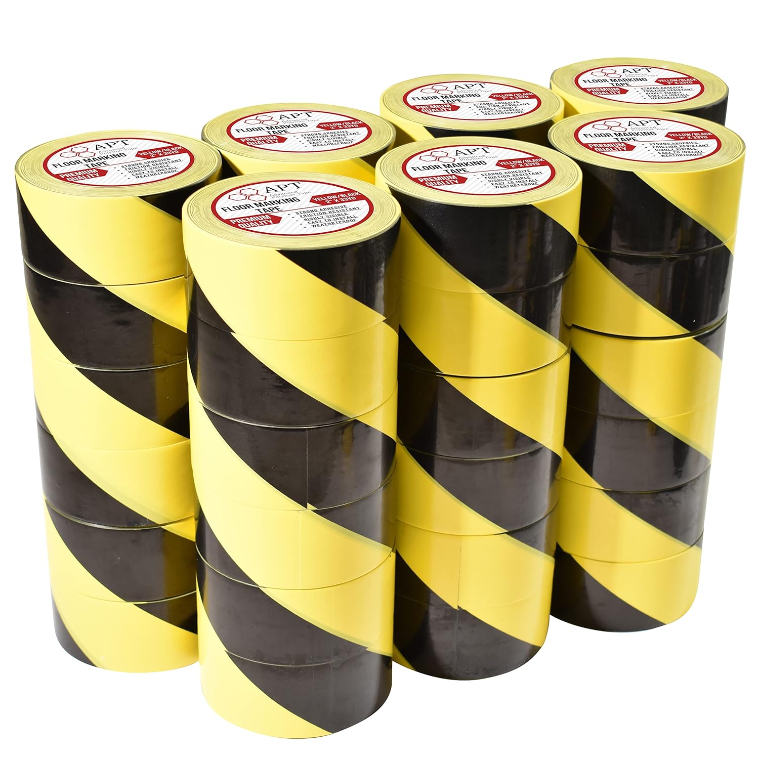 APT Premium Durable Black & Yellow Striped Safety Marking Tape (42 Rolls of 2" x 99Ft) Hazard Caution& Warning, Social Distancing, Warehouse & Gym Floor