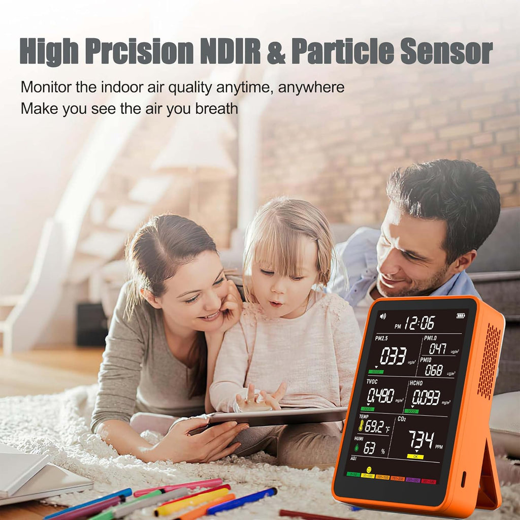 Professional Indoor Air Quality Monitor with AQI Alarms, Portable Real-Time Detector for Home Cars Plants and Pets (Bright Orange)