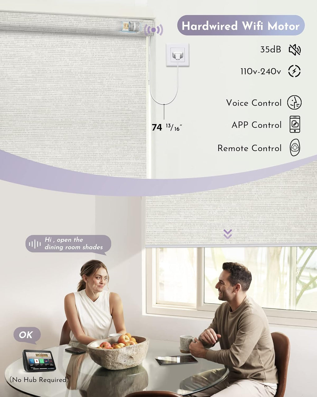 Graywind Smart Blackout Roller Shades Compatible with Alexa Google WiFi Hardwired Textured Fabric Motorized Blinds Remote Window Shades, Custom Size (Metallic Fuscous Grey)