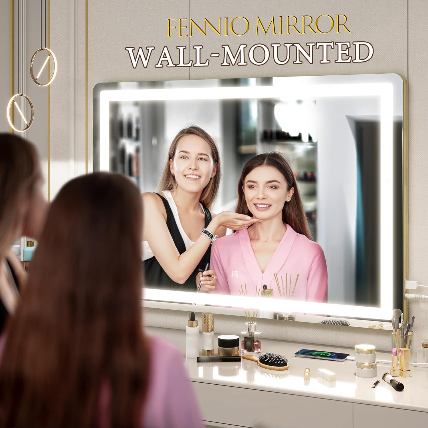 FENNIO Vanity Mirror with Lights 32"x22", Lighted Makeup Mirror, Large Vanity Mirror with Lights, Touch Sensor with 3 Color Lighting,USB Charging Port for Vanity Desk Tabletop（Gold）