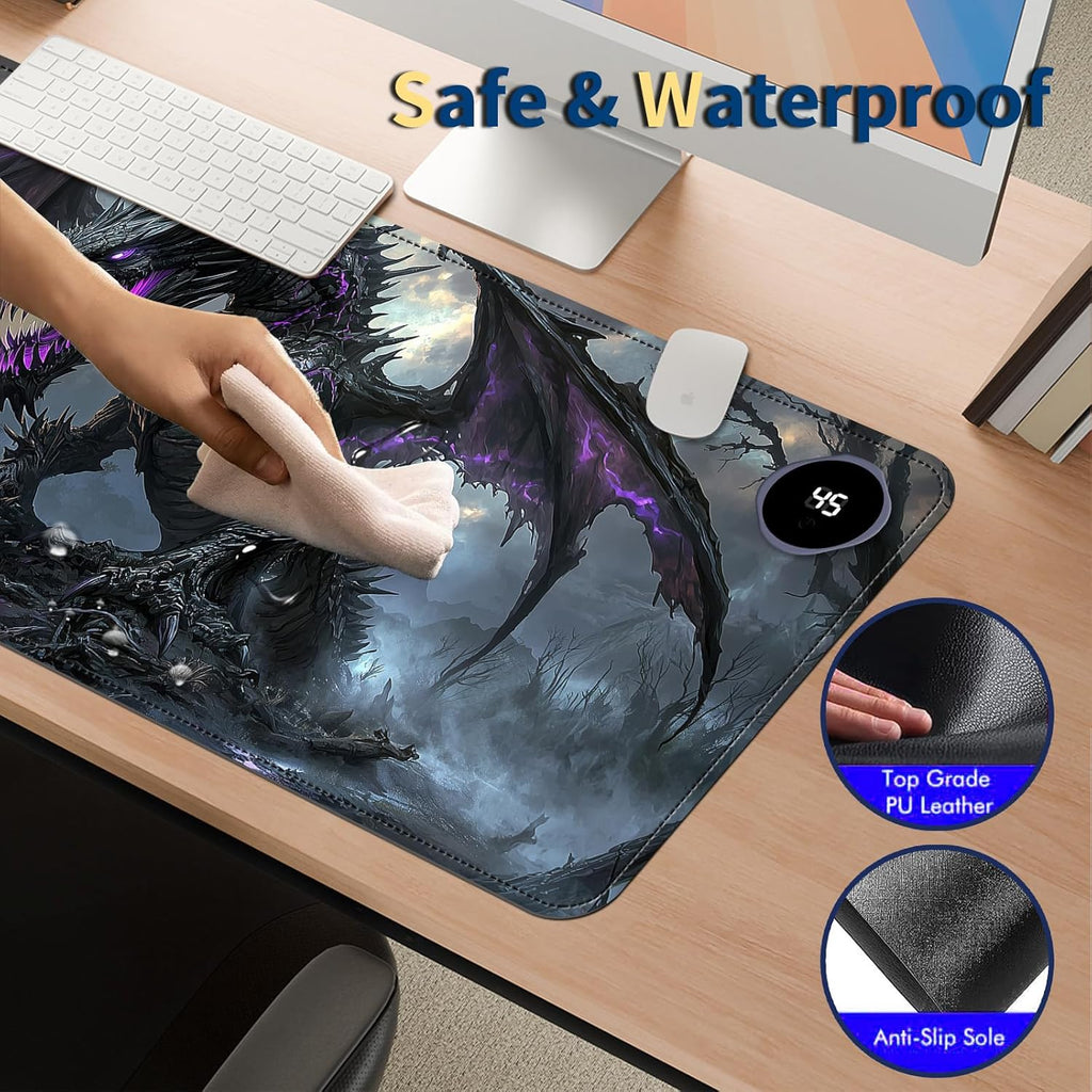 Heated Mouse Pad with 3 Temperature Settings(104°F–122°F),Large 31.5x13 Inch PU Leather Heated Desk Mat,Waterproof Warming Pad for Office,Gaming & Cold Hands Relief,Dark Dragon Fantasy