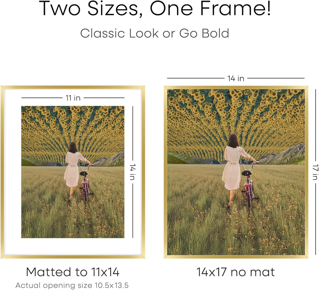 Homeforia 14x17 Picture Frame Gold, High End Metal 14x17 Poster Frames with Mat 11x14 Photo, 14 x 17 Gold Frames Matted to 11 by 14 Print, 17x14 Thin Hanging Frames, Tempered Glass, Wall Kit, Set of 4