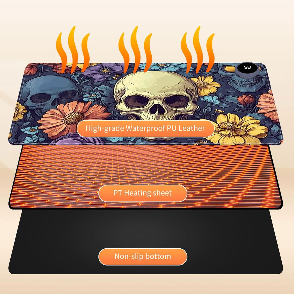Small Heated Desk Pad 23.6" x 14.2" – Compact Electric Mouse Pad with 3 Heating Levels, Auto Shut-Off, Waterproof PU Surface, Plug-in Warmer for Office or Home Use, Floral Skull