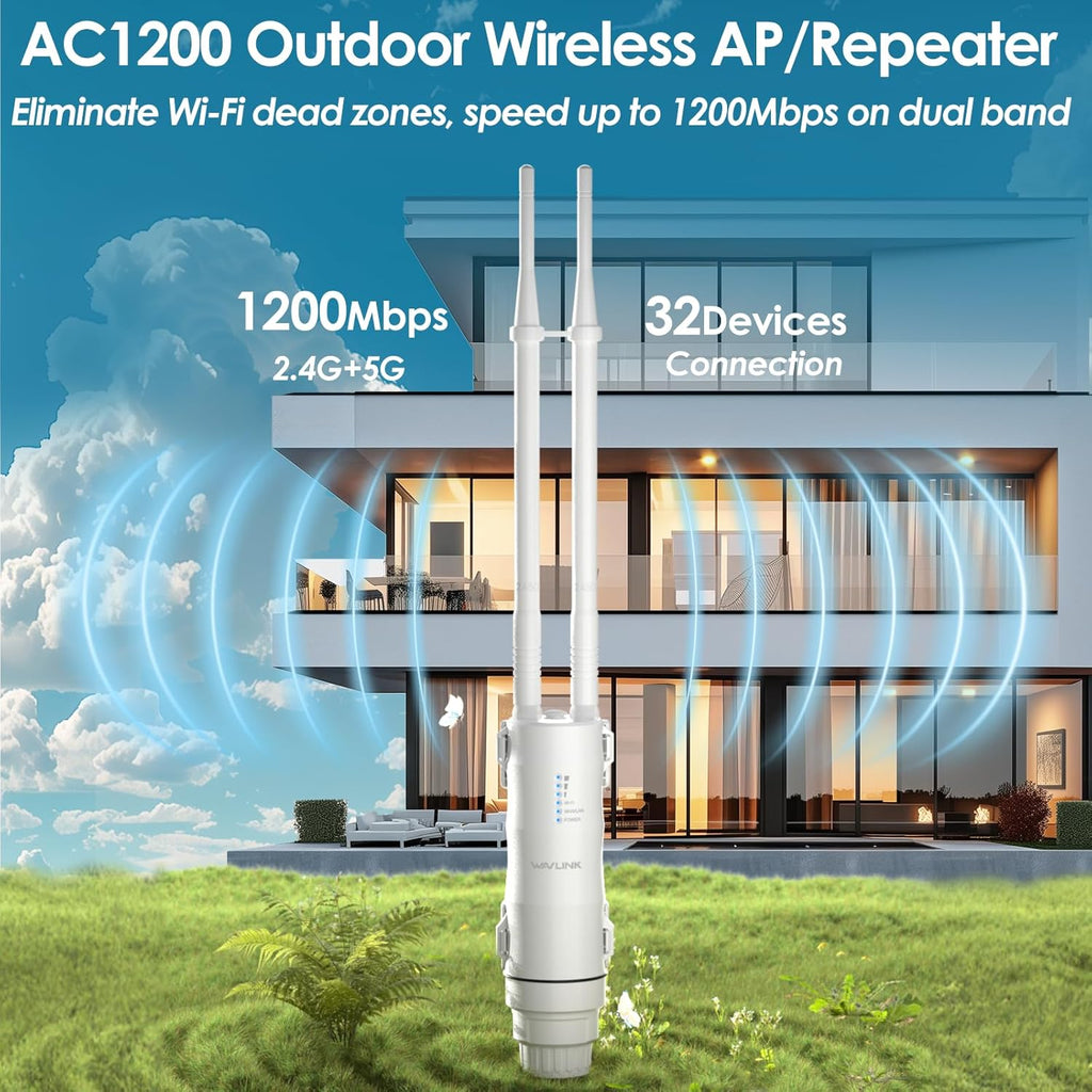 AC1200 WAVLINK Outdoor WiFi Extender, Weatherproof Outdoor WiFi Repeater Extender Signal Booster with POE, Dual Band 2.4/5GHz, Support AP/Repeater/Router Mode, for Yard/Patio/Rural Areas