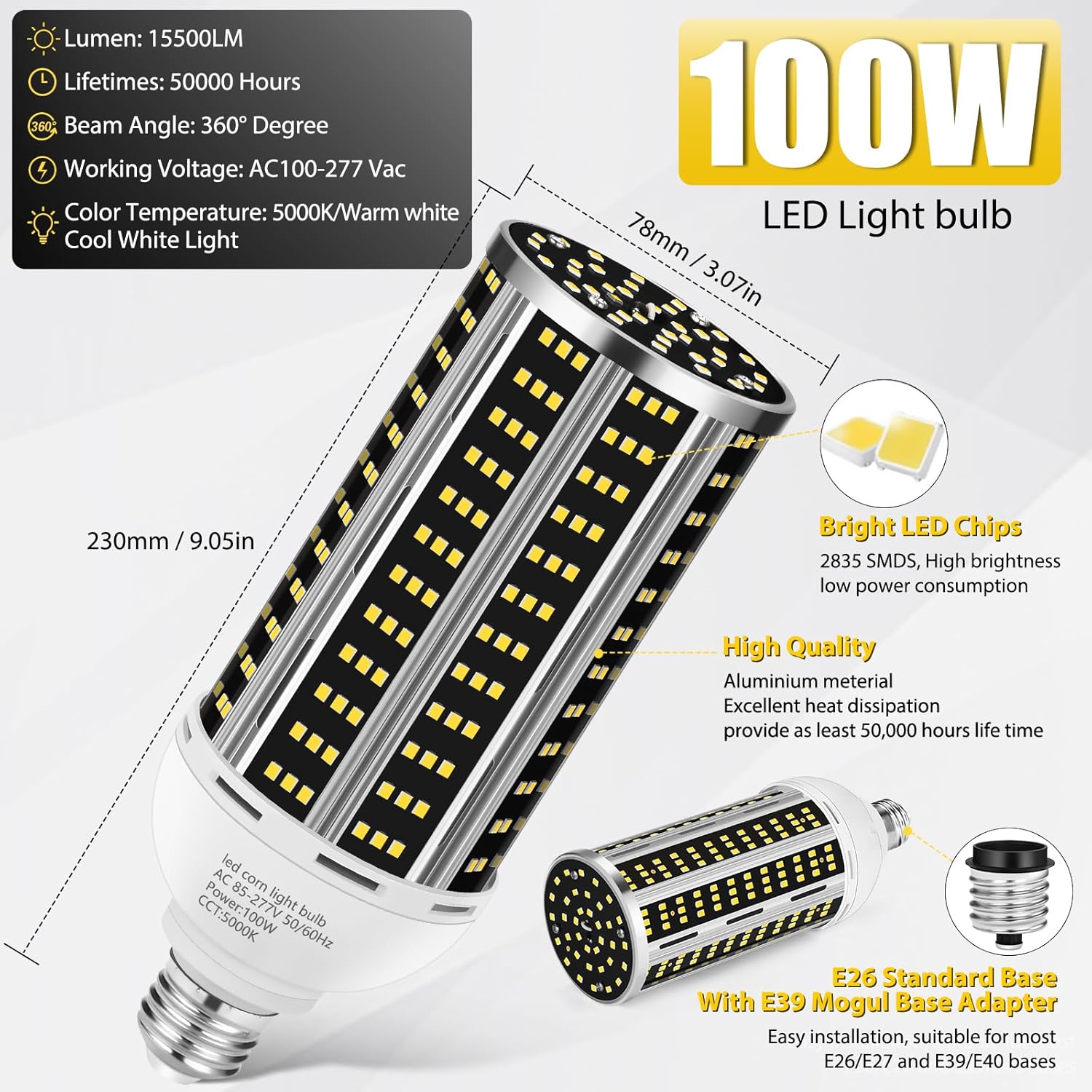 100W 4 pack LED Corn Light Bulb,(1000W Equivalent )Commercial Grade DayLight 5000K E26/E39 14200LM Medium Mogul Base LED Lamp,Large Area Lights For Outdoor Indoor Garage Warehouse Factory Bay Light