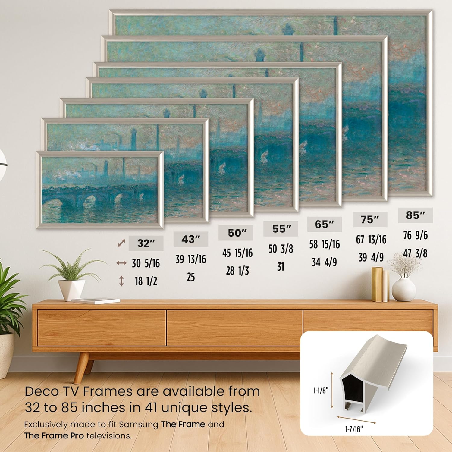 German Silver Prismatic 55" Alloy Deco TV Frame - Compatible ONLY with Samsung The Frame TVs (Fits 2021-2025, LS03A, LS03B, LS03C, LS03D, LS03FA)