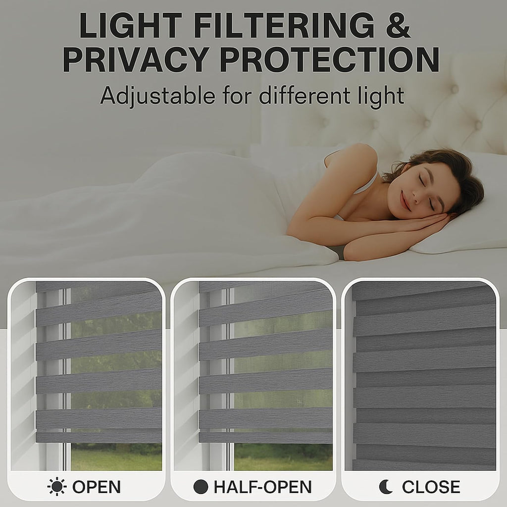 Shadesu Cordless Zebra Blinds for Windows, 38.5" W x 72" H, Grey, Dual Layer Free-Stop Zebra Shades, Light Control for Day and Night, Sheer Blinds for Indoor Windows, Bedroom, Kitchen