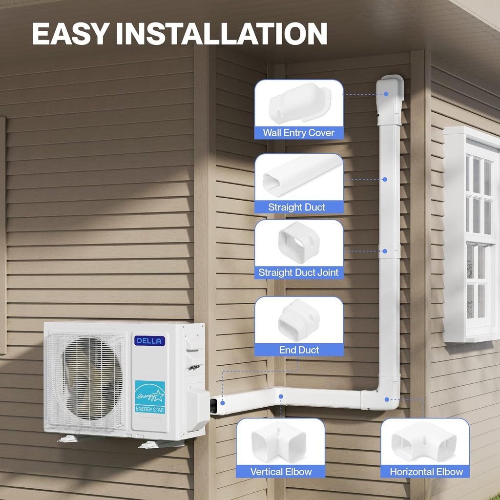 Della 3" 7.5 Ft Mini Split Line Set Cover, Decorative PVC Lineset Cover Kit, Paintable for Mini Split Air Conditioner, HAVC & Heat Pumps Systems Tubing Cover, White