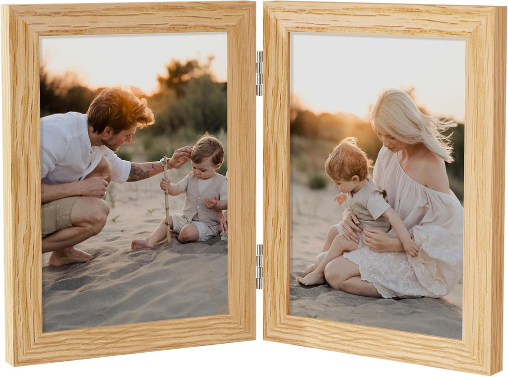 Axeman 5x7 Double Picture Frame - Solid Oak Wood Vertical Hinged 5x7 Photo Frame 2 Opening Folding Family Frames Collage With Real Glass for Tabletop Display, Hanging Hardware Included | Natural