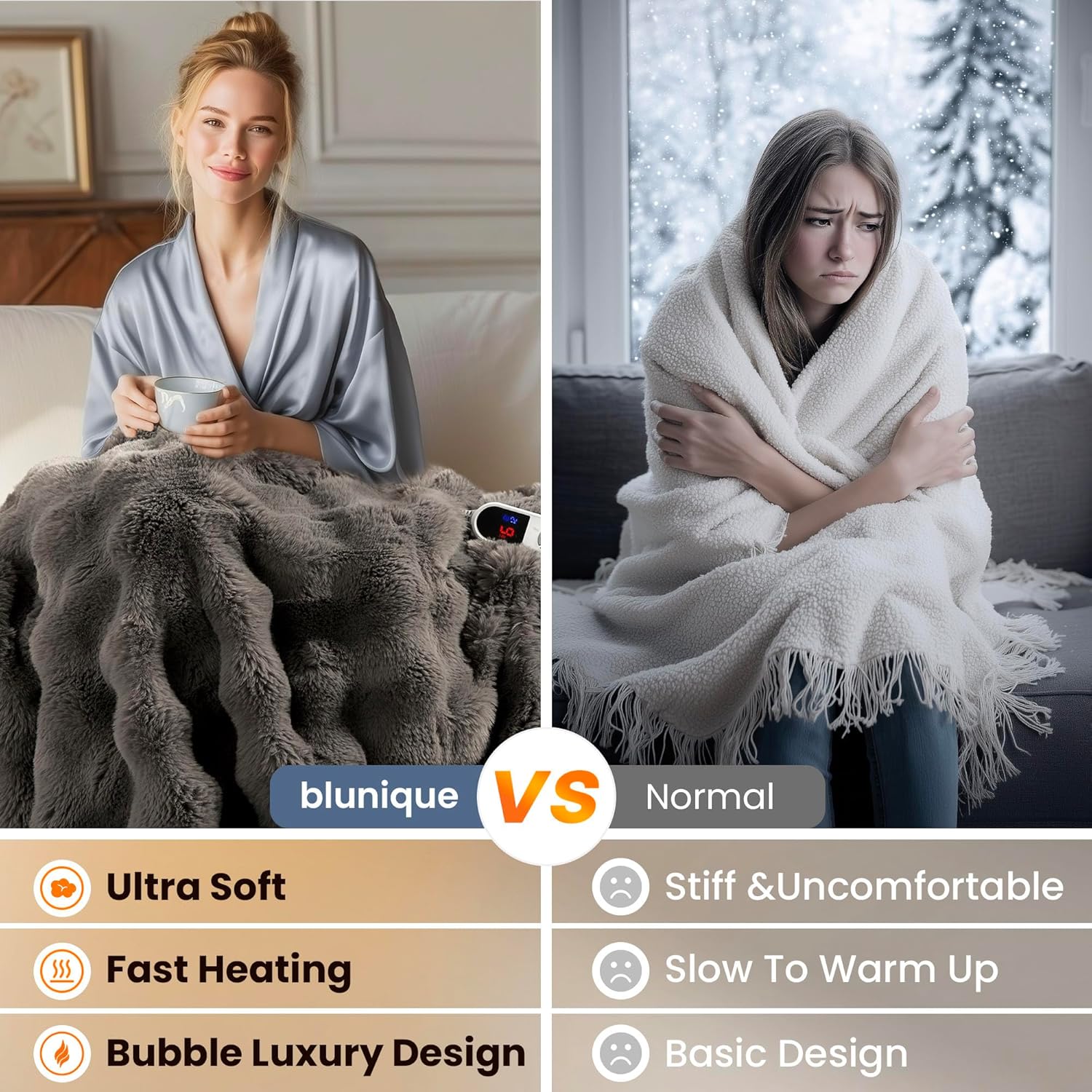 Electric Heated Blanket for Girls & Women, Soft & Luxurious, Faux Rabbit Fur Heating Throw Blankets, 6 Heat Settings, Overheat Protection, Quick Heating, Memory Function, Gift-Ready Design, 50"x60"