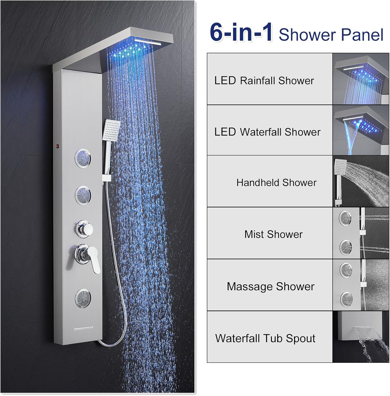 ROVATE LED Shower Panel Tower System with Rainfall Waterfall Shower, Shower Panel with Jets and Rainfall and Handheld, 5 in 1 Brushed Stainless Steel Shower Panel System High Pressure with Tub Spout
