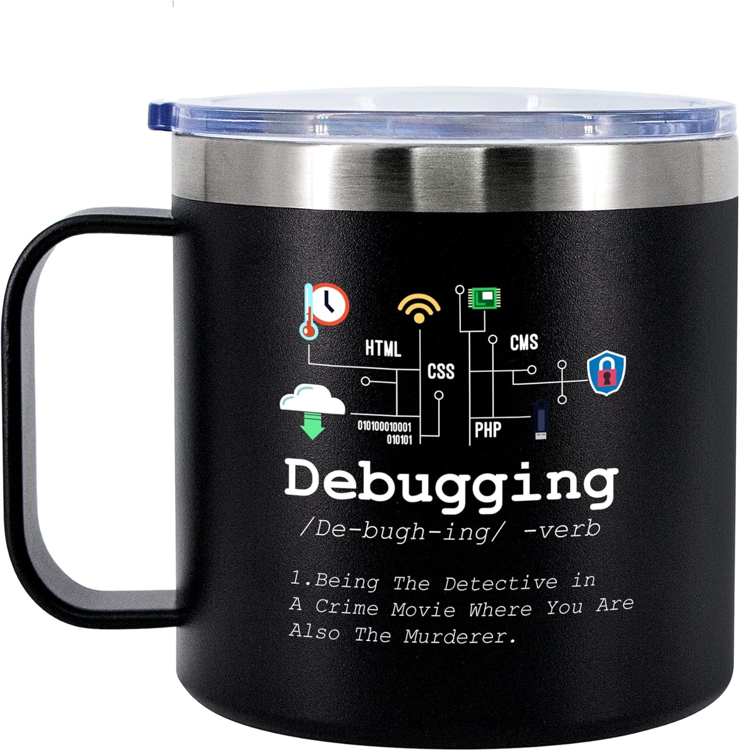 Panvola Debugging Definition Computer Programmer Student Teacher Geek Coder Tech Support Programming IT Insulated Coffee Mug with Handle and Lid Camping Travel Thermal Mugs 14 oz Black