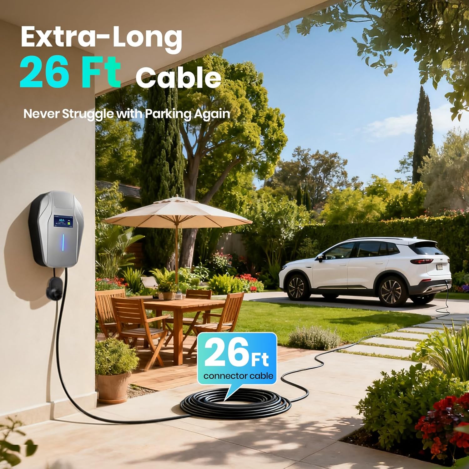 Level 2 EV Charger, 240V 48Amp EV Charger Level 2 for Home with Hardwire, J1772 Connector & Tesla Adapter, 11.5KW Electric Vehicle Charging Station with Smart APP, 26FT Cable, 4.3'' LCD Display