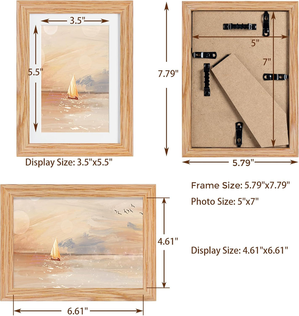 5x7 Picture Frame, Solid Oak Wood 5 x 7 Frame with Plexiglass, 5 by 7 Photo Frame for Wall & Tabletop Display, 5x7 Picture Frame Matted to 4x6, Natural Oak Color, 3 Pack