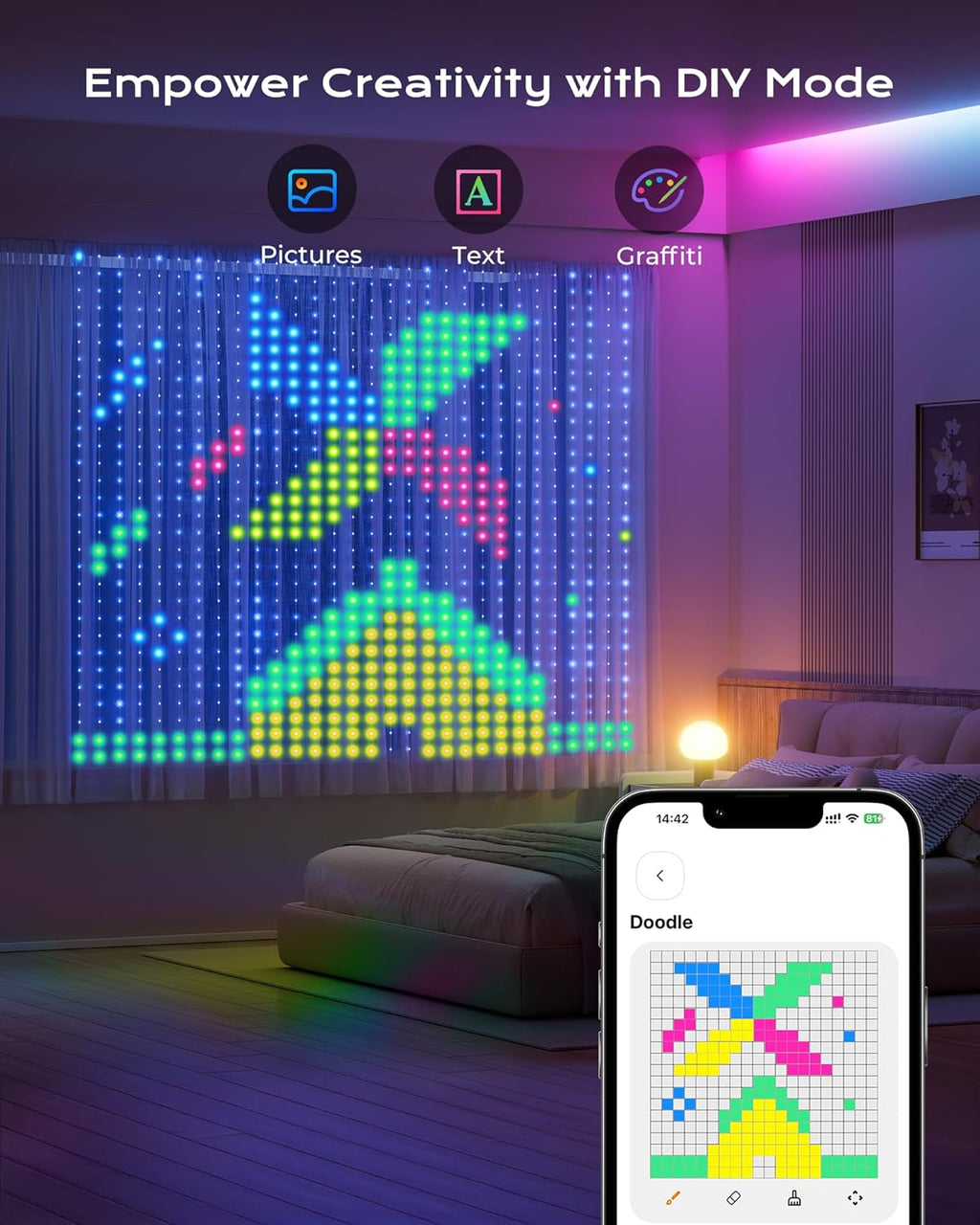 1040 RGBIC LEDs Smart Curtain Lights with DIY GIF, 9.8x6.6ft Color Changing Christmas Wall Lights with APP, IP65 Waterproof String Fairy Lights for Indoor Outdoor Bedroom Window Garage