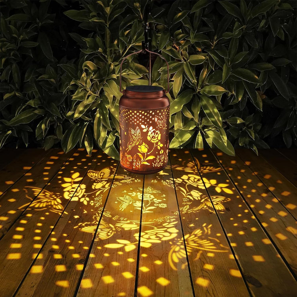 2 Pack Solar Lanterns Outdoor Waterproof, Butterfly Rose Garden Decor Birthday Gifts for Women Mom Grandma Hanging Solar Lights Metal Solar Decoration Outside for Yard, Patio, Lawn