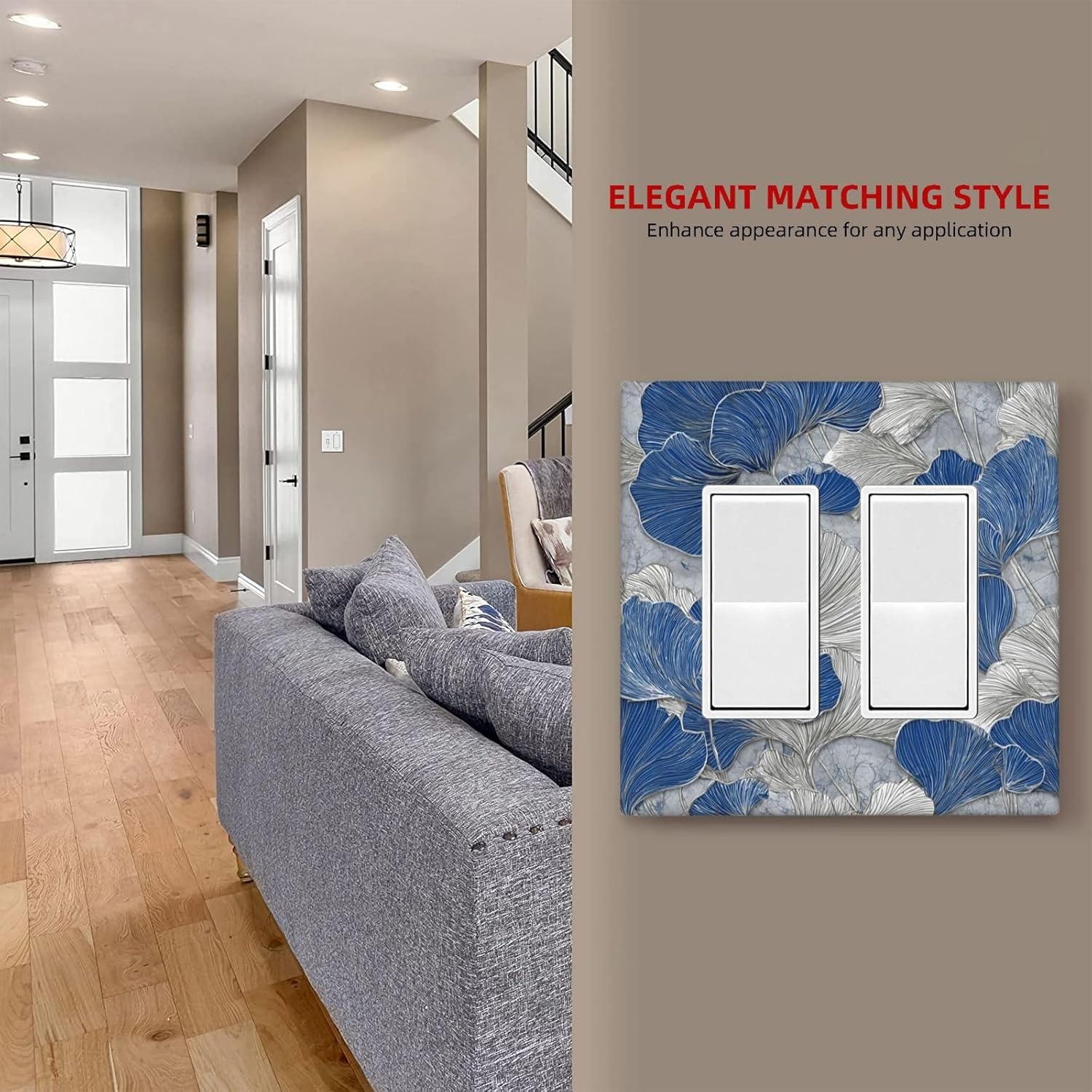 Abstract Blue Marble Plant Leaves 2 Gang Double Rocker Decorative Light Switch Covers Electrical Faceplate Switch Plates for Bathroom Kitchen Home