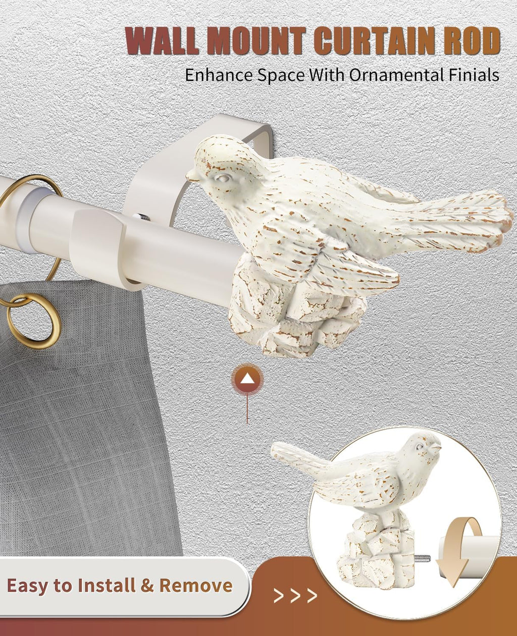 White Curtain Rod 36 to 120 Inches Curtain Rods for Windows Adjustable Drapery Rod with Bird Finials Heavy Duty Curtains Rods White for Kitchen Window Living Room
