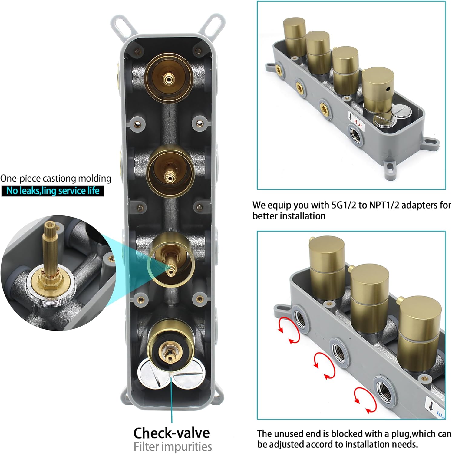 Thermostatic 3 Way Shower Diverter Valve, Modern Bathroom Concealed Brass Mixer Mixing Faucet Valve Kit Single Handle Control Flow Can Use At The Same Time, Brushed Gold