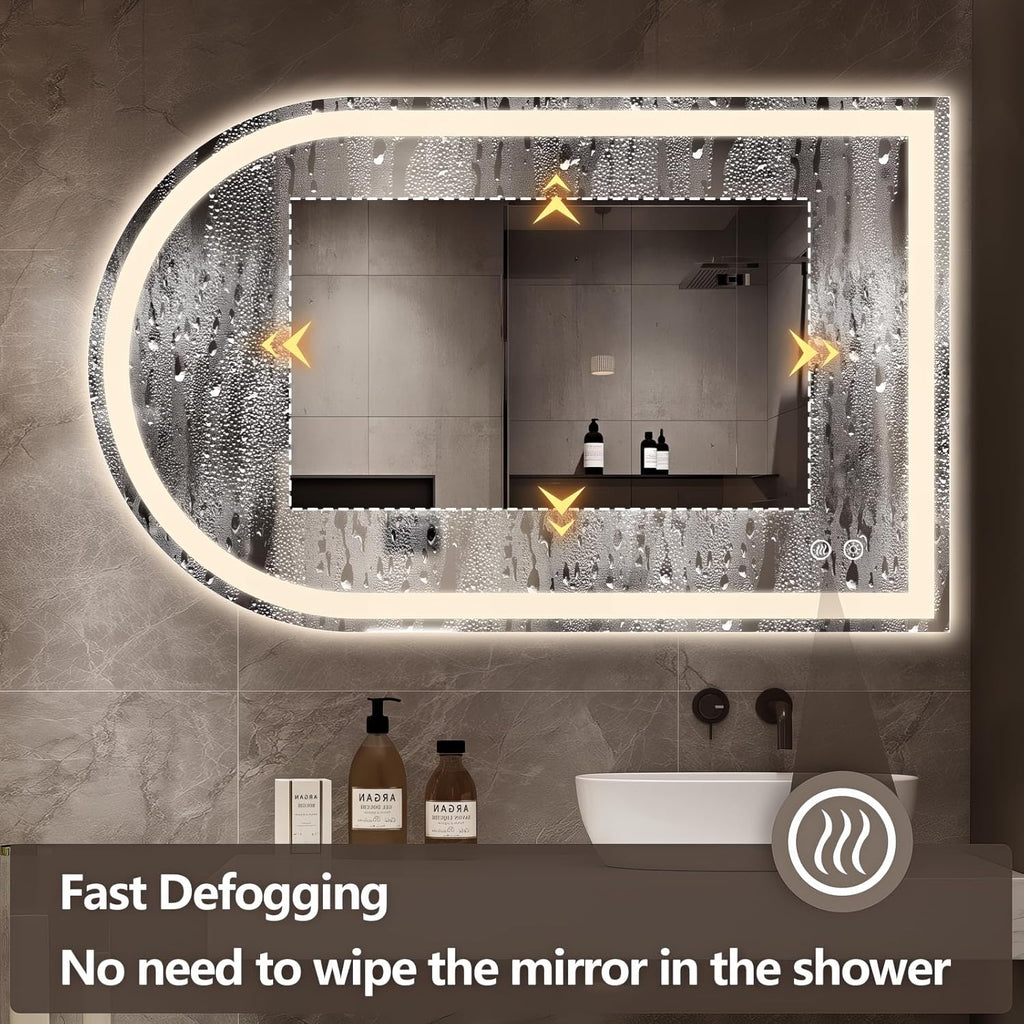 Niccy Arched LED Bathroom Mirror, 48x30 Arch Wall Mounted Frameless Bathroom Mirror for Vanity, Smart Lighted Frontlit Mirrors with Memory Function for Bathroom Bedroom Beauty Hair Salon