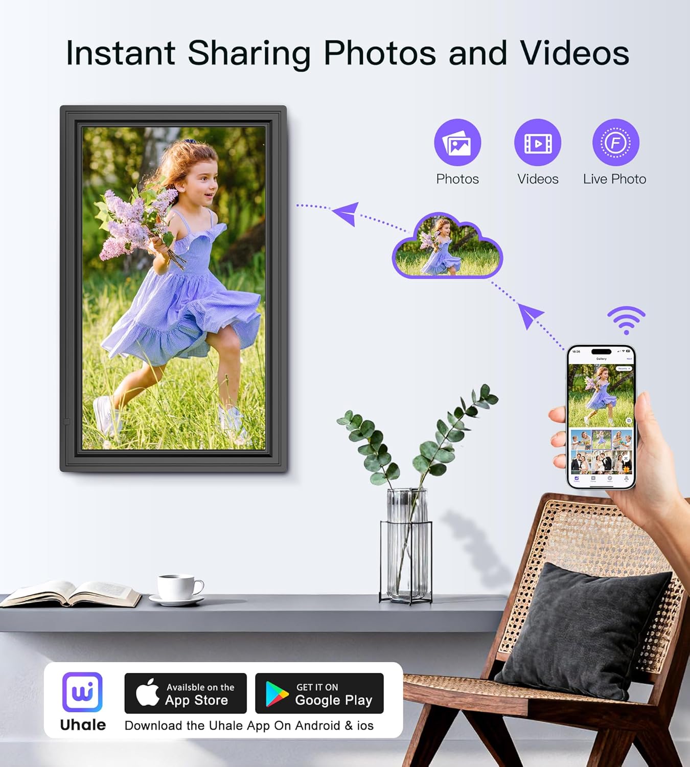 64GB Uhale 15.6" Digital Picture Frame, Large WiFi Electronic Photo Frames 1920 x 1080 IPS FHD Touch Screen, Share Photos and Videos Anywhere, Support SD/USB, Best Gifts for Parents and Grandparents