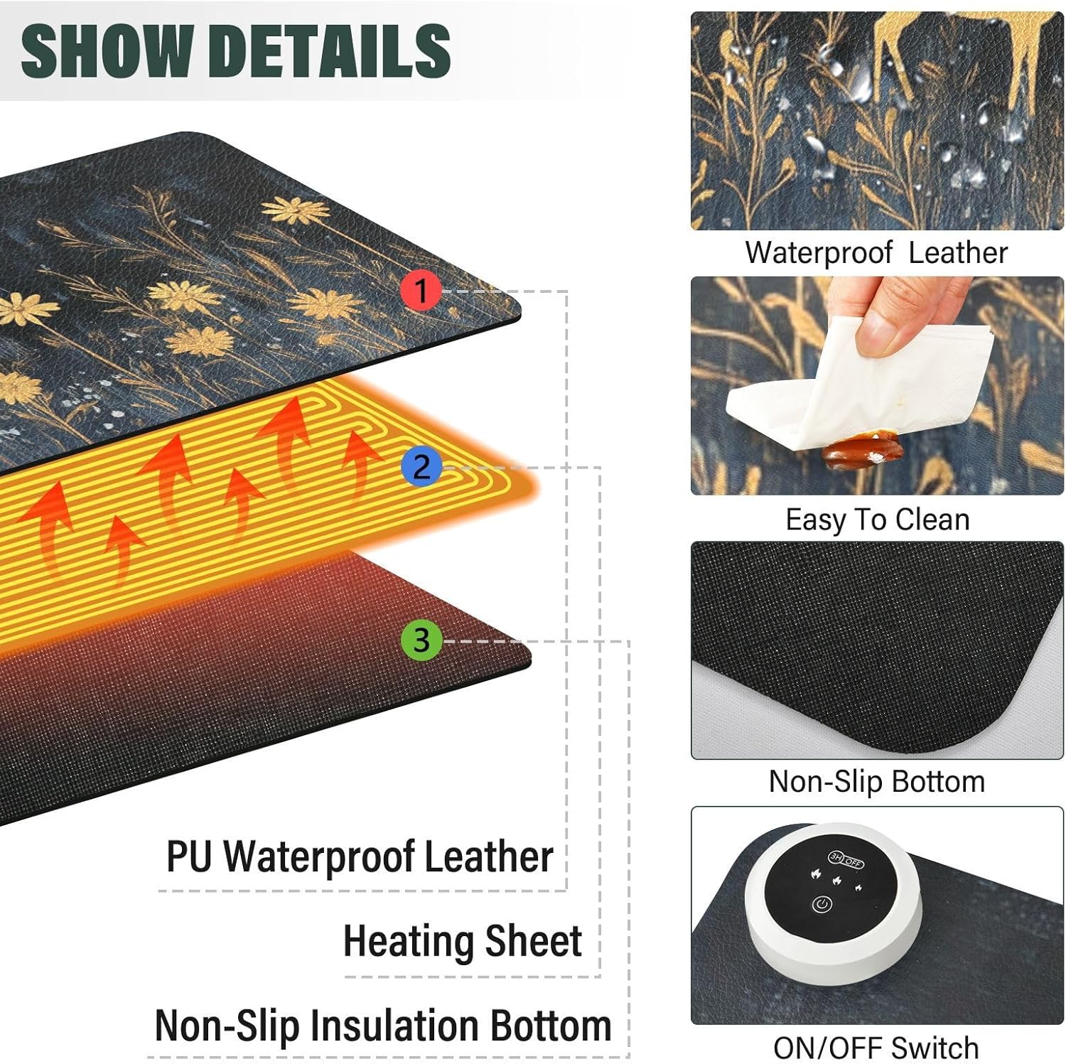 Heated Desk Pad Mouse Pad 31.5x13 Inch PU Leather Desk Mat with 3 Heat Levels Large Mouse Gaming Computer Laptop Mat Deer Blue Hat Flowers Black