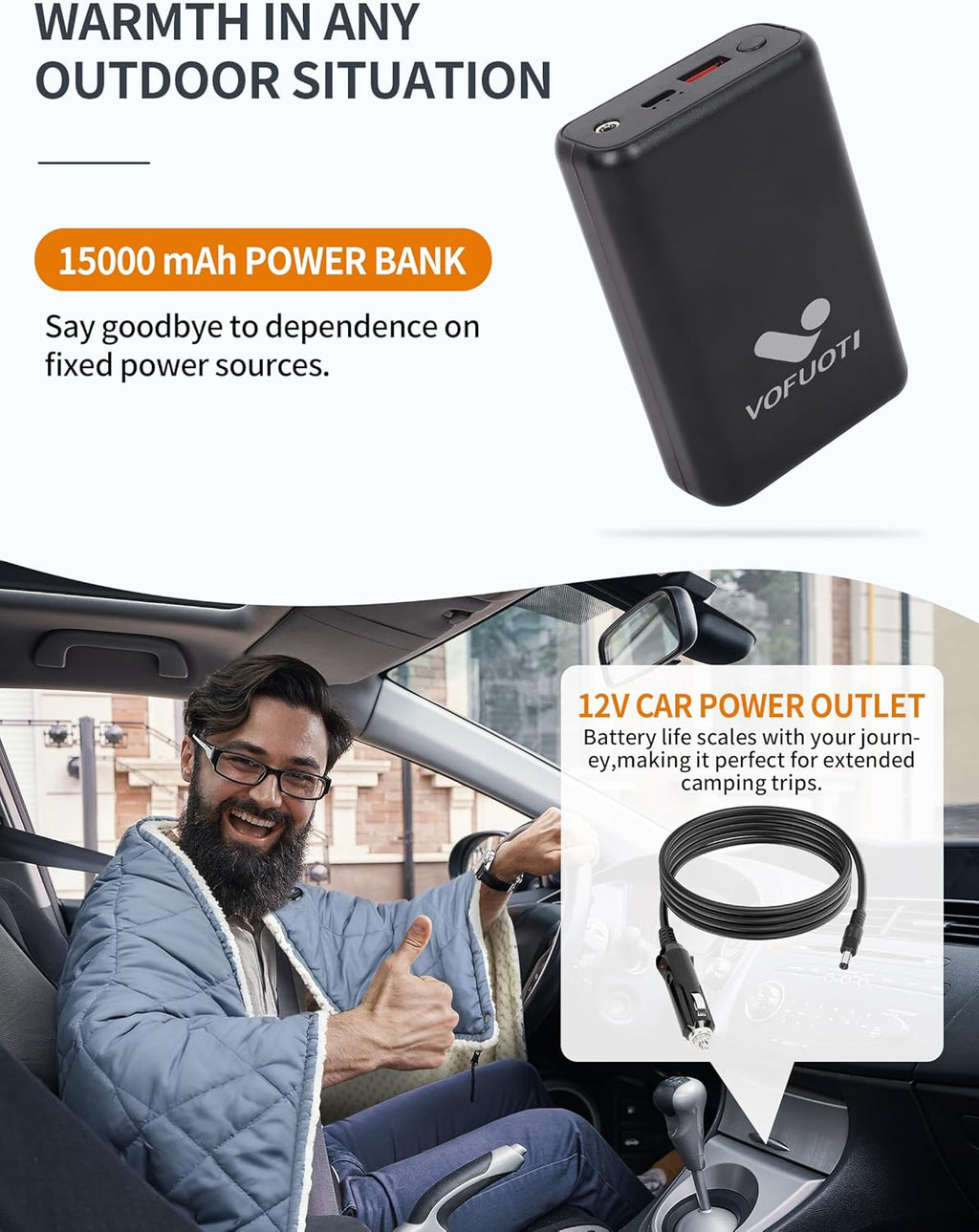 Heated Blanket Battery Operated,12V Cordless heating pad with 15000 battery,Heated Shawl Throw Blanket,Wearable Heated Blanket,Sherpa Lining,3 Heating Set for Car,Camping,Backpacking,Hiking,Travel