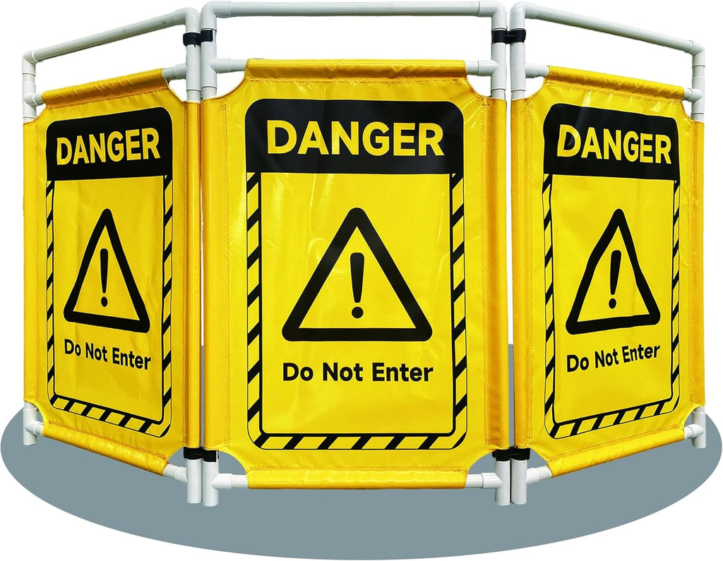 Safety Caution Barricade 3Panels Foldable Security Signs With PVC Tarp Removable Safety Barrier Wet Floor Guard Symbol Clear Printing Safety Fence(Yellow)